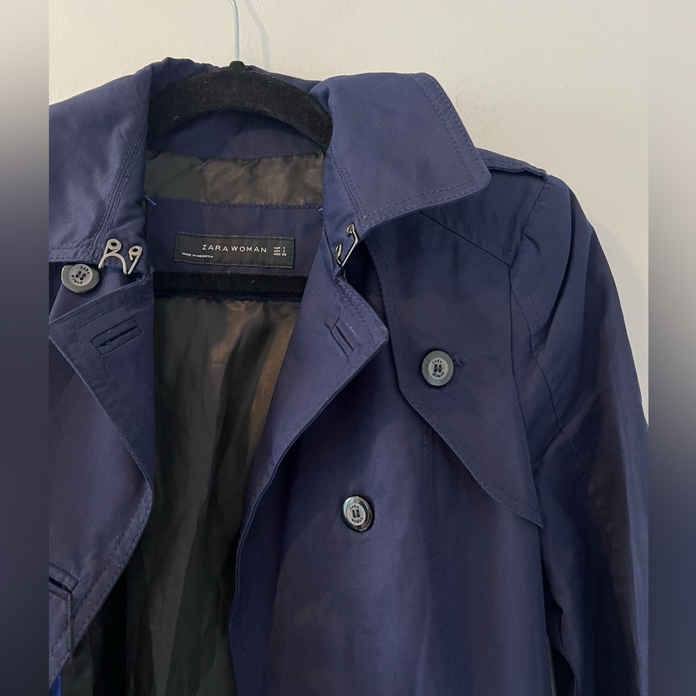 NWT Zara navy blue trench coat jacket cotton double breasted belted small - Picture 7 of 11